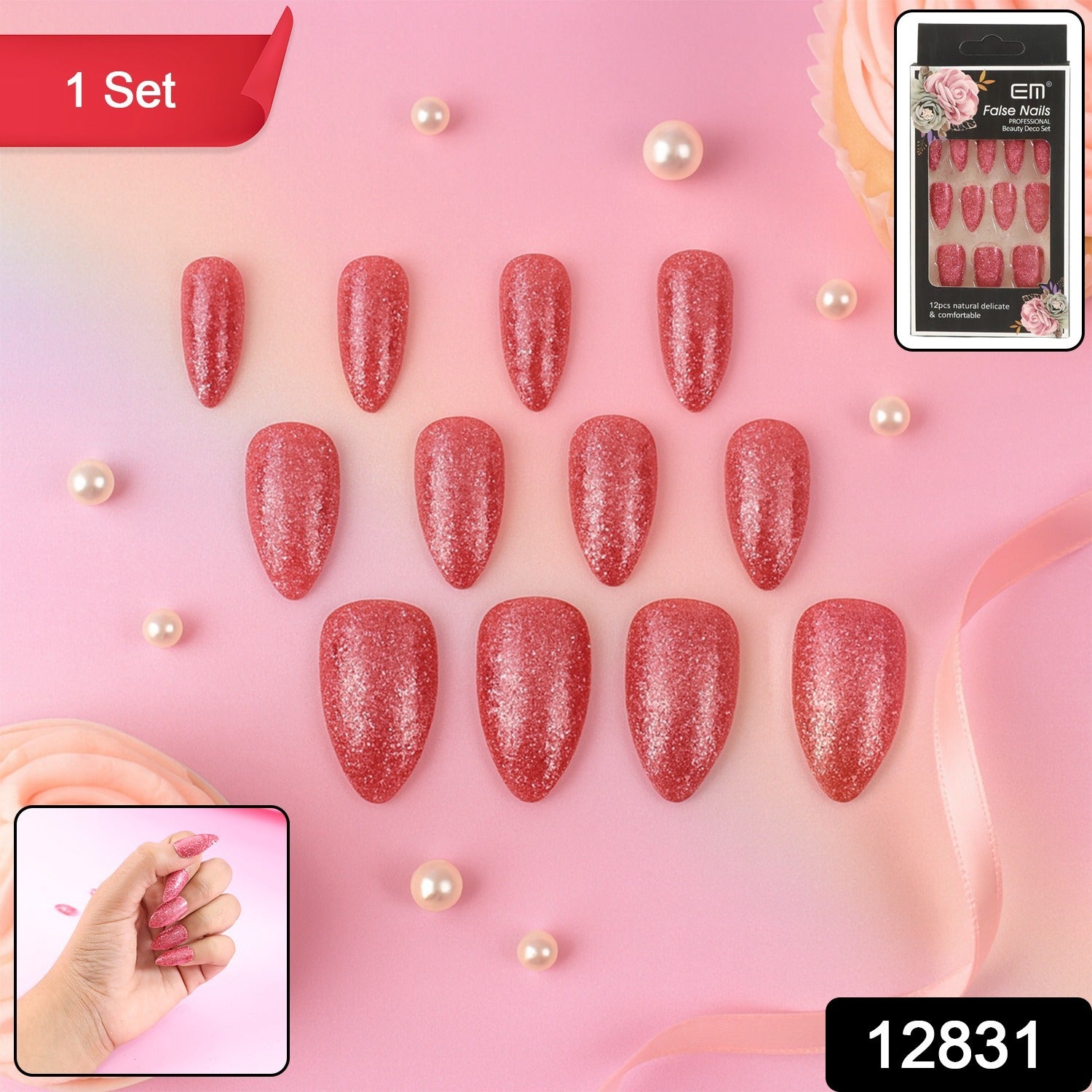 Set of Wukusy glitter press-on false nails in mixed colors and designs, showcasing shiny, stylish nail art for easy application.