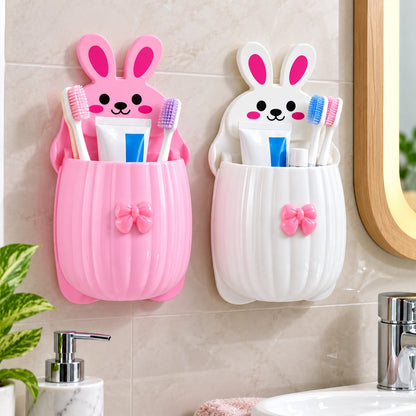 Wukusy rabbit design wall-mounted toothbrush holder set, two-piece bathroom storage with playful rabbit motif and durable material