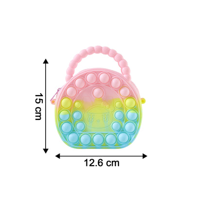 Rainbow round silicone Pop It coin purse by Wukusy with colorful, textured silicone surface and compact coin storage design.