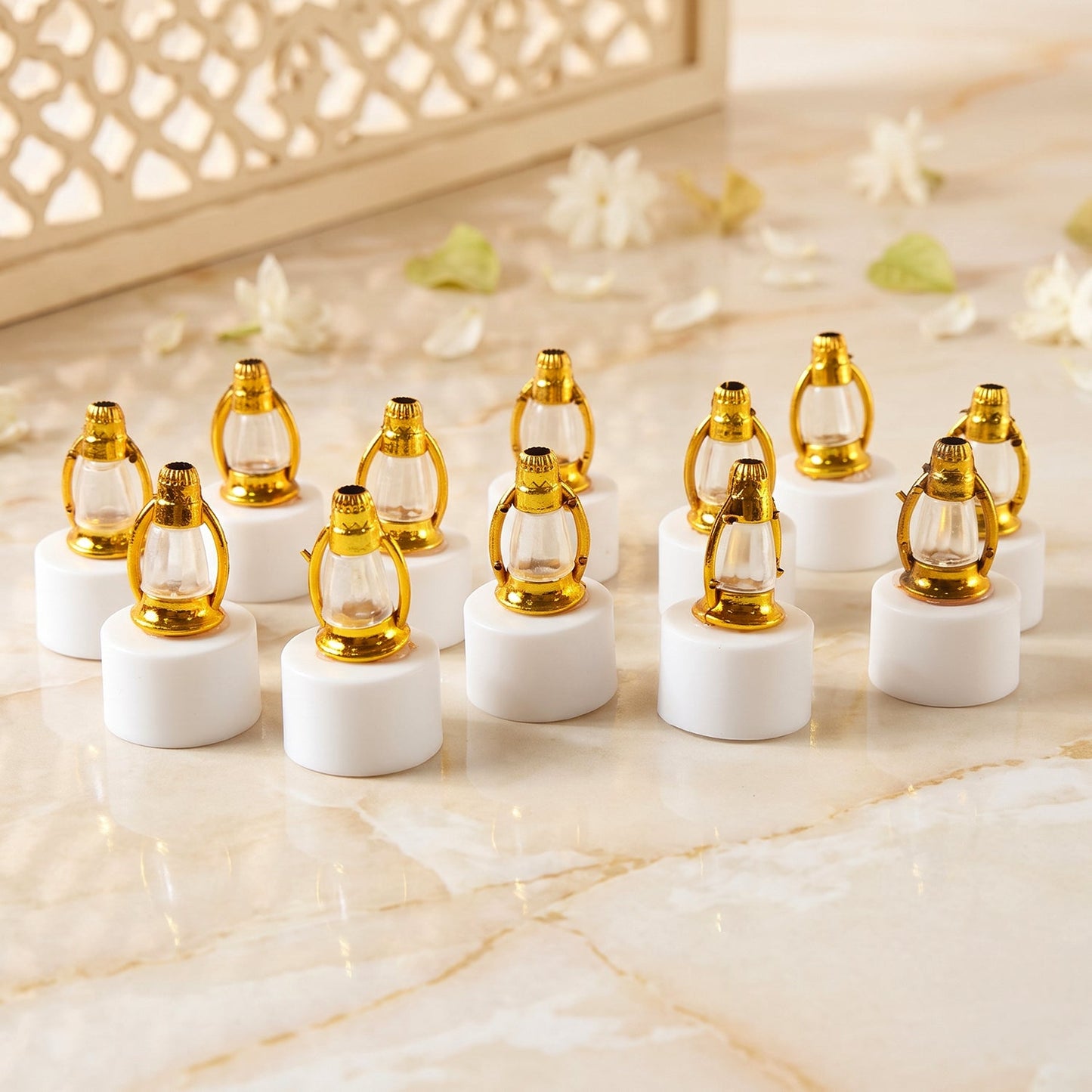 Set of 12 Wukusy Golden Lantern LED decorative candle lamps for home and Diwali decor, featuring intricate design and warm glow.