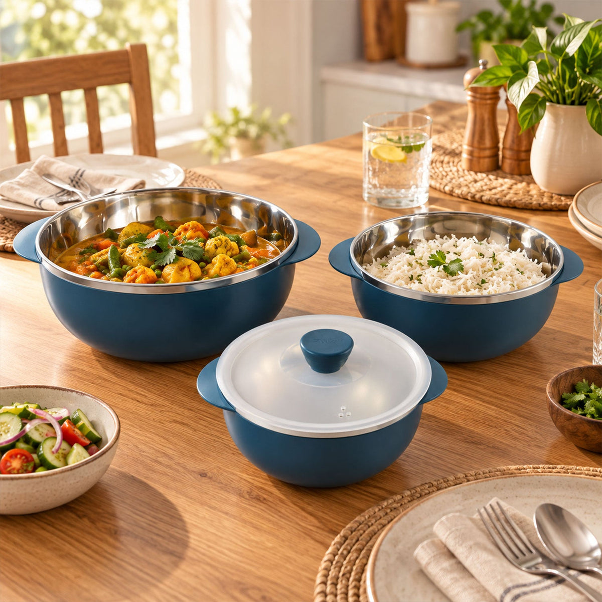 Wukusy Apex Hot and Serve Serving Bowl Set with lids, steel inner casseroles, three-piece kitchen storage and serving set