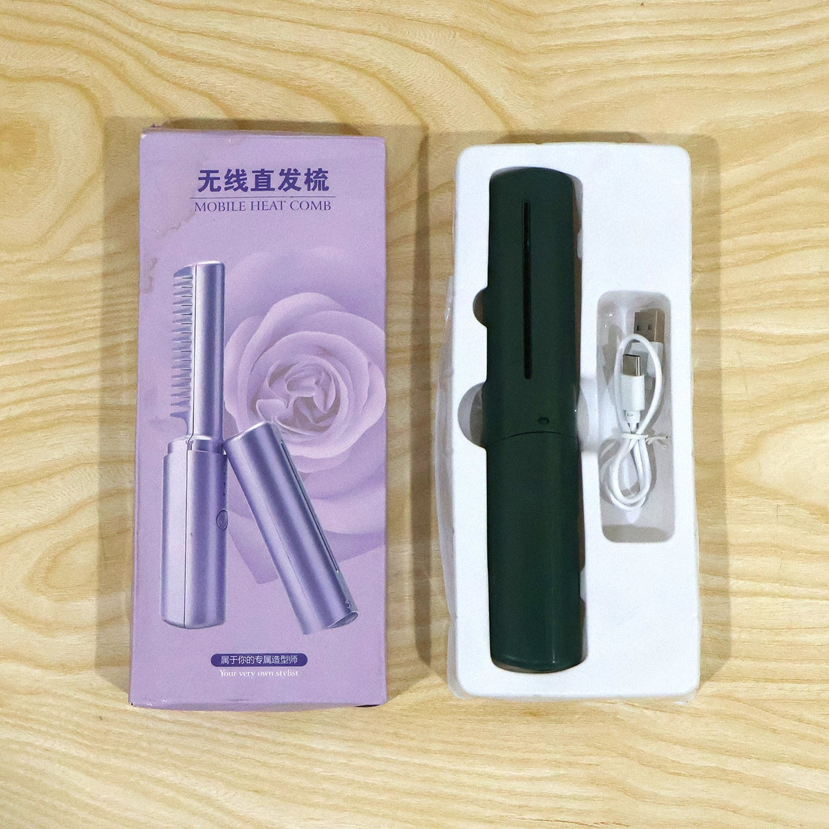 Wukusy cordless hair straightener brush with cap, portable styling tool, featuring ceramic plates and ergonomic handle.