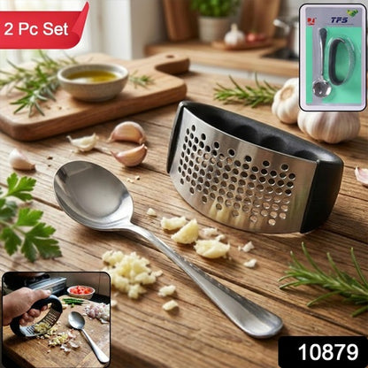 Heavy-duty Garlic Press Tool With Spoon Set (2 Pc Set)