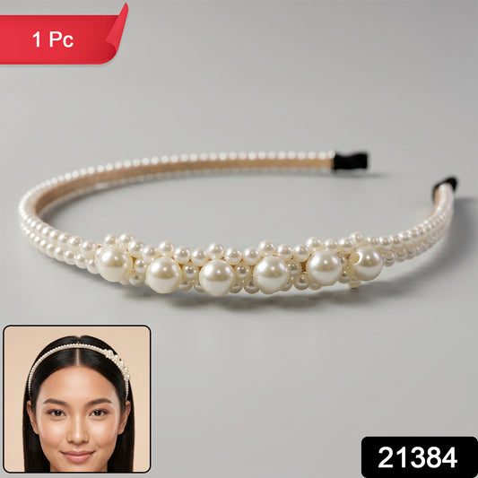 Wukusy pearl beaded designer hairband for women, stylish headband with pearl accents, shown in close-up image.