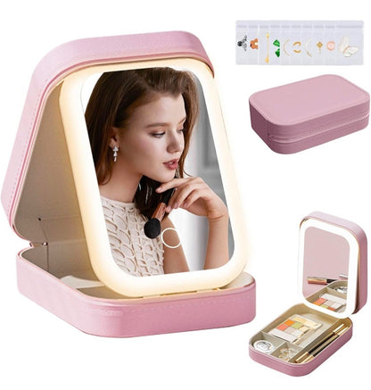 Dropdash portable LED makeup mirror box with 3-color lighting, ideal for fitness and wellness routines, showing illuminated mirror inside.