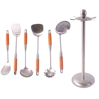 7 In 1 Stainless Steel Kitchen Tool Set With Wooden Handles And Stand (1 Set)