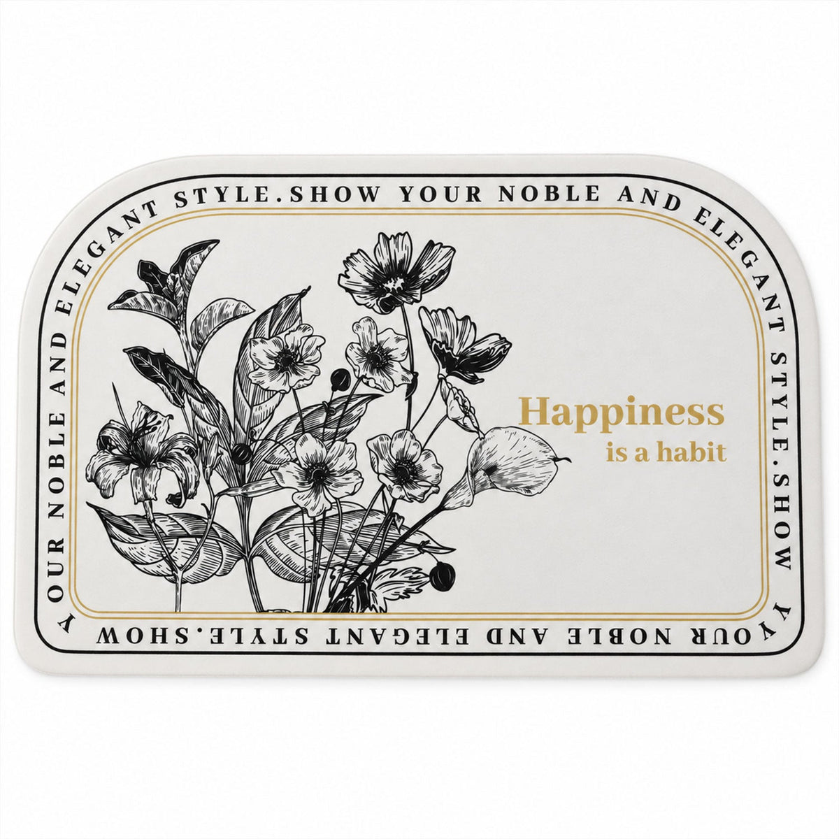 Wukusy absorbent bathroom mat in half-round shape with botanical quote print, 50x80 cm, soft and water-absorbent for bathroom decor.