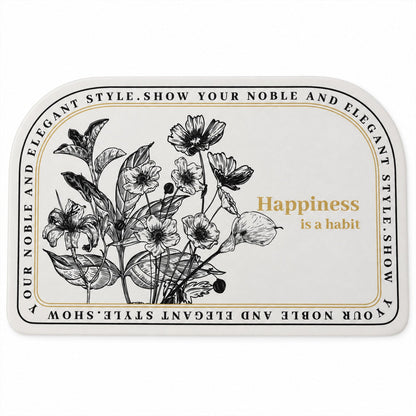 Wukusy absorbent bathroom mat in half-round shape with botanical quote print, 50x80 cm, soft and water-absorbent for bathroom decor.