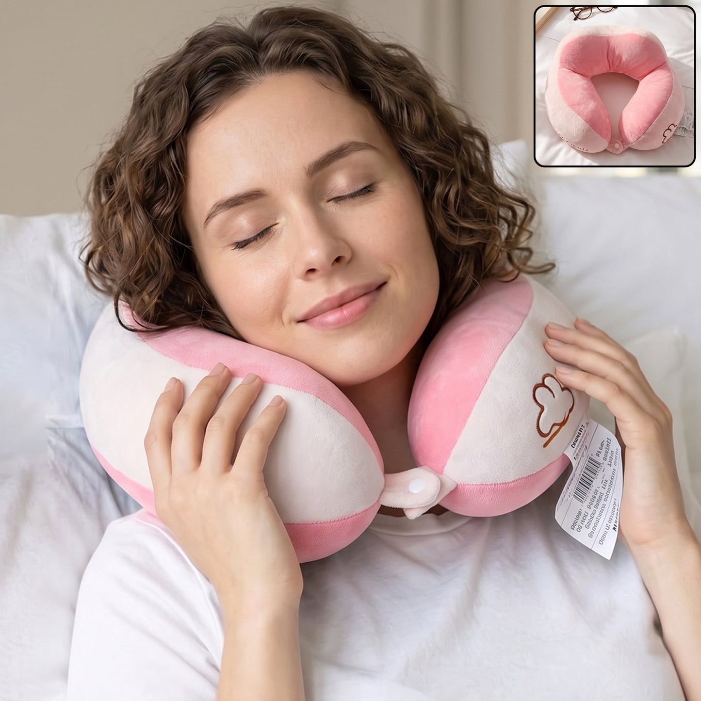 U Shaped Travel Neck Pillow Soft Plush Pink White Head Neck Support (1 Pc)