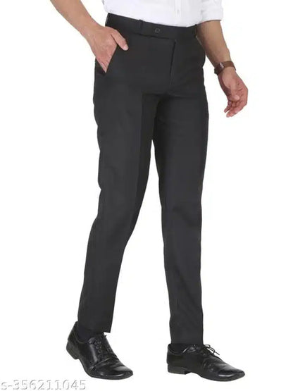 Black men's cotton trousers in size 28 with a classic fit, featuring a smooth waistband and straight-leg design.