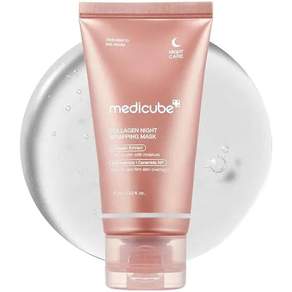 Medicube Collagen Overnight Wrapping Peel-Off Facial Mask in a jar, designed for deep hydration and skin firming.