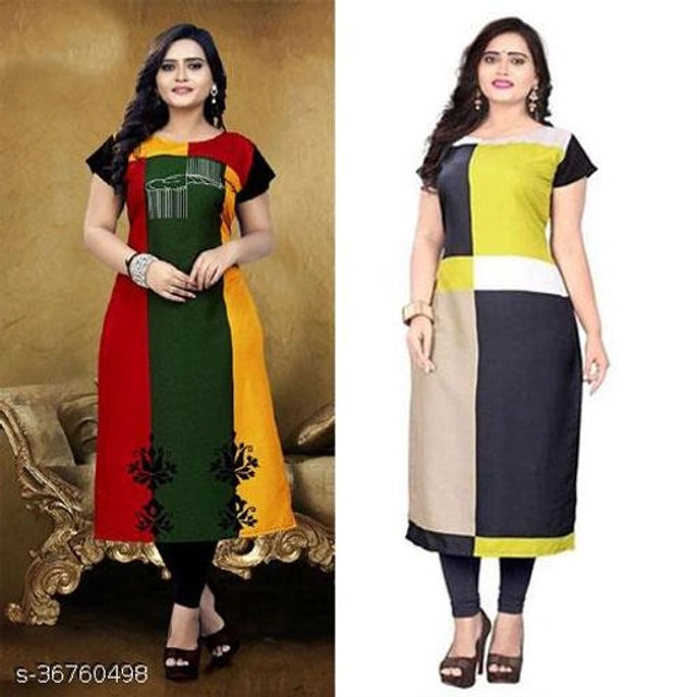 Pack of two green and yellow crepe printed kurtis for women, size M, featuring vibrant designs from 1457 women's kurtis collection.