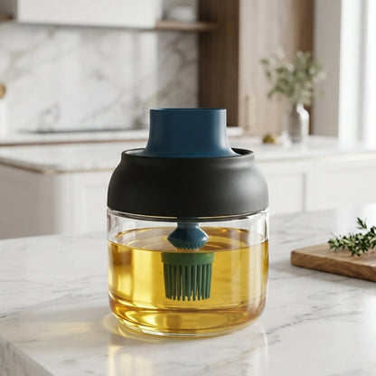 280 Ml Round Glass Oil Dispenser With Silicone Brush For Kitchen Cooking (1 Pc)