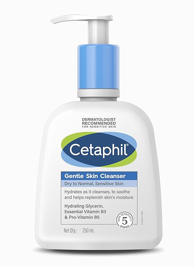 Cetaphil moisturizing lotion and gentle skin cleanser for sensitive or dry skin, in a white bottle with blue cap.