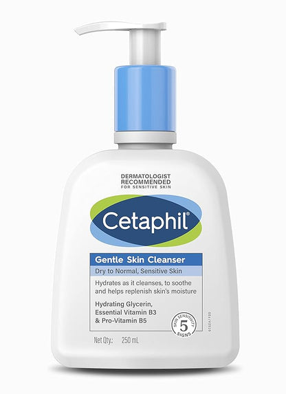 Cetaphil moisturizing lotion and gentle skin cleanser for sensitive or dry skin, in a white bottle with blue cap.
