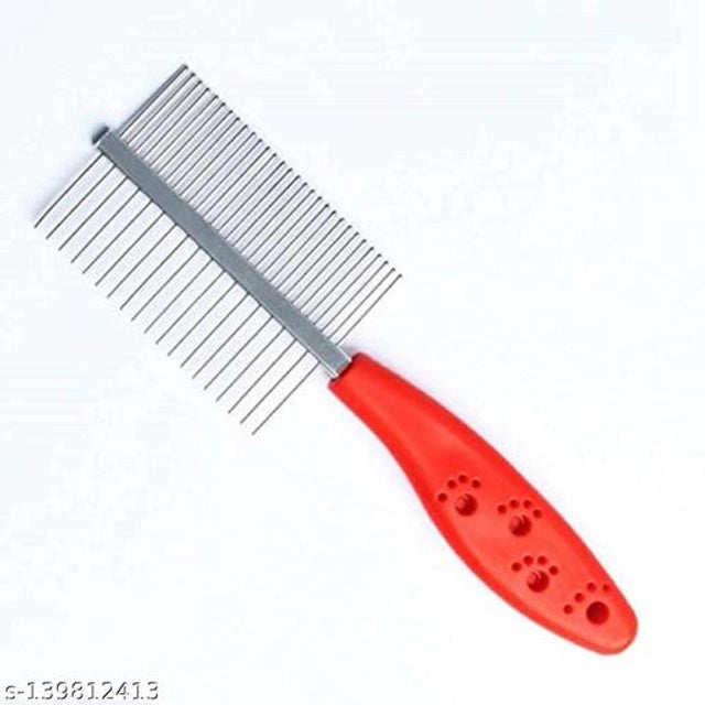 Red stainless steel double-sided flea comb for pets, designed to remove fleas and tangles from pet fur.