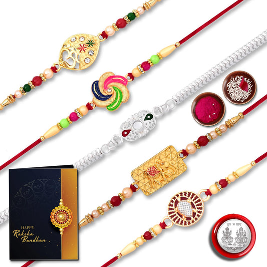 Wukusy colorful Rakhi set with Om and swirl patterns, decorative designs, pack of 5 for brothers, perfect sibling gift.