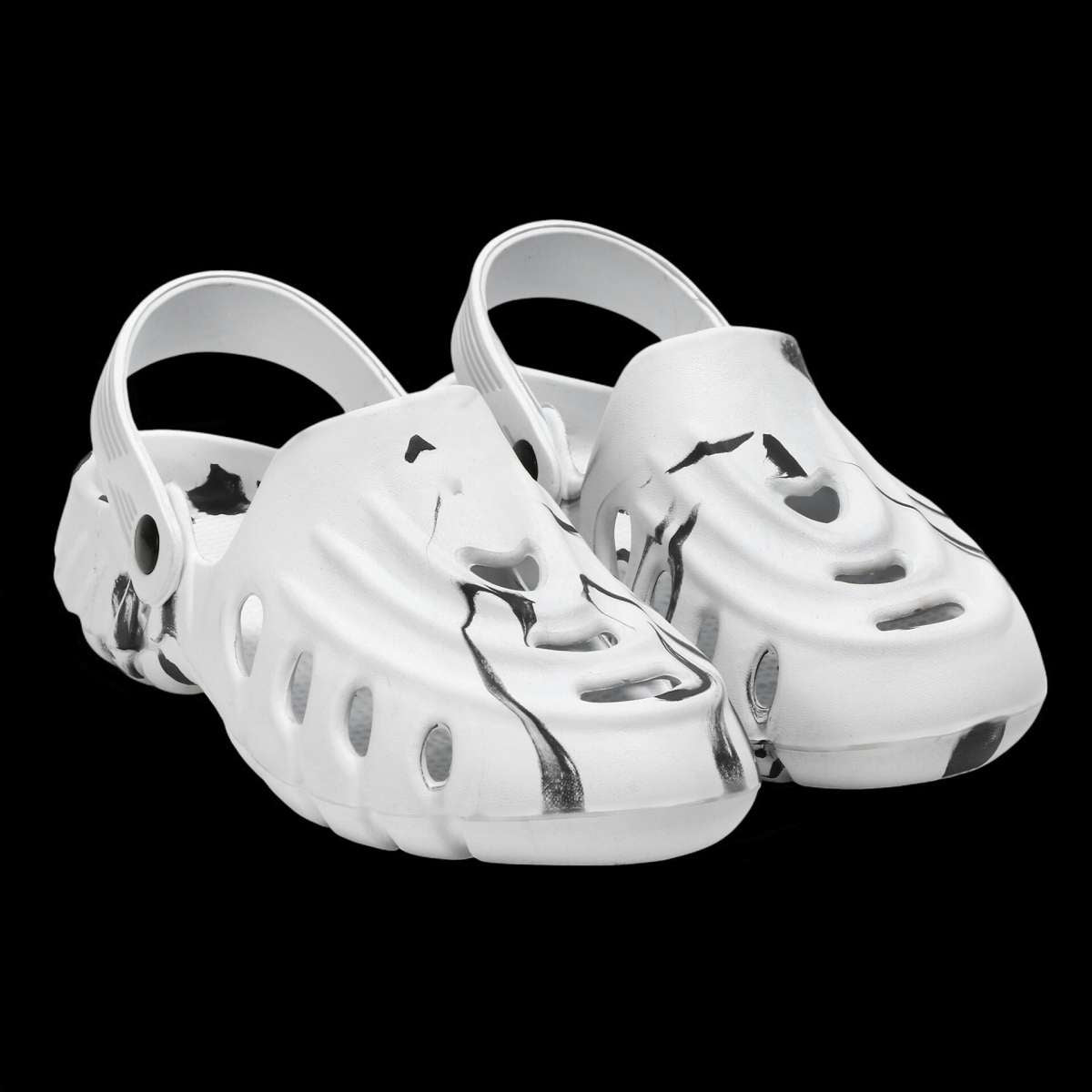 White and black men's clogs by 16069 featuring comfortable slip-on design and durable material.