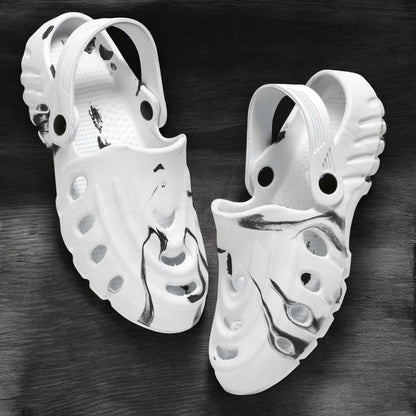 Men's white and black clogs by 16069, casual slip-on footwear with open back and comfortable design for everyday wear.