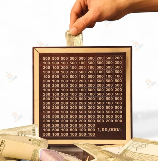 Wooden piggy bank from 16079, a classic money bank with a smooth finish and coin slot on top, designed for saving coins.