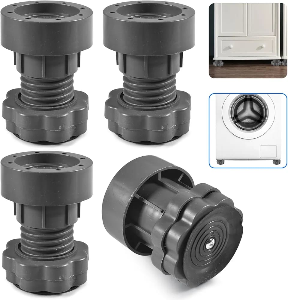 Grey height adjustment washing machine stand with anti-vibration pads and shock absorber for stabilizing washing machines.