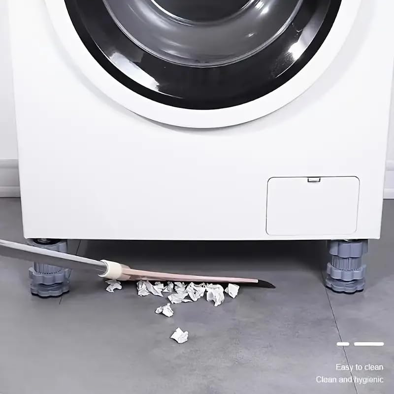 Grey height adjustment washing machine stand with anti-vibration pads and rubber foot pads for shock absorption and stability.