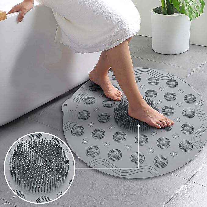Round silicone shower bath mat with multicolor design, anti-slip surface, and foot massage texture for bathroom safety.