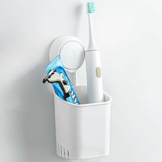Punch-free wall-mounted toothbrush holder by 7233, multiuse case for toothbrushes, toothpaste, shaver, razor, and makeup brushes.