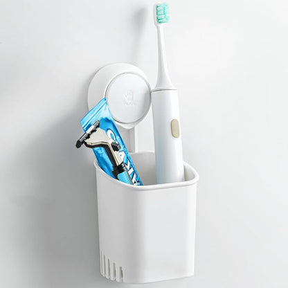 Punch-free wall-mounted toothbrush holder by 7233, multiuse case for toothbrushes, toothpaste, shaver, razor, and makeup brushes.