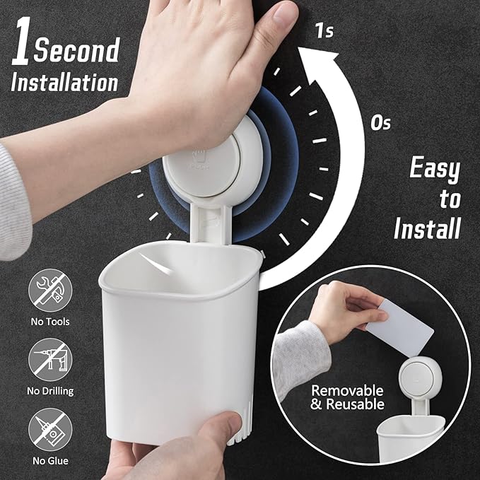 Punch-free wall-mounted toothbrush holder by 7233, holds toothbrushes, toothpaste, shaver, razor, and makeup brushes.