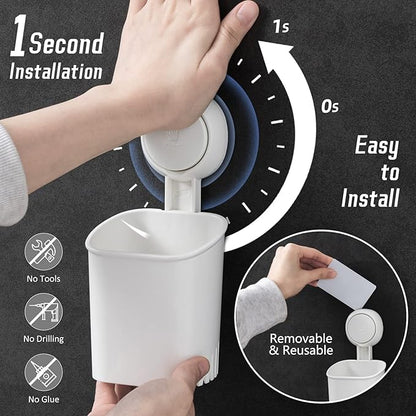 Punch-free wall-mounted toothbrush holder by 7233, holds toothbrushes, toothpaste, shaver, razor, and makeup brushes.