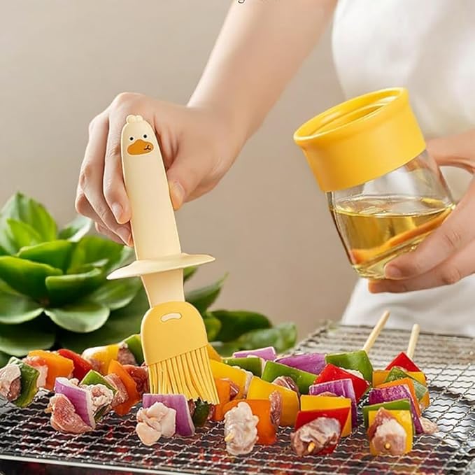 7233 2-in-1 olive oil silicone brush and high-temp resistant oil bottle for barbecue cooking, integrated kitchen utensil.