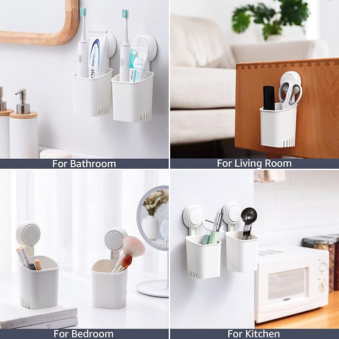 Punch-free 7233 toothbrush holder wall mount with multiple compartments for toothbrushes, toothpaste, shaver, and makeup brushes.