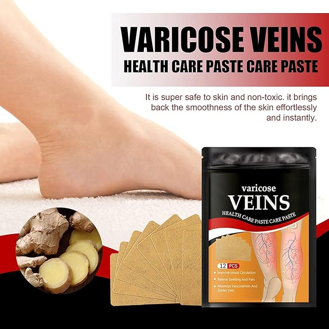 Heat patches for varicose veins removal, 12-pack, designed to reduce spider veins and leg discomfort with soothing warmth.