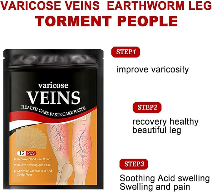Pack of 12 4485 varicose veins treatment heat patches for legs, designed to reduce spider veins and improve leg comfort.