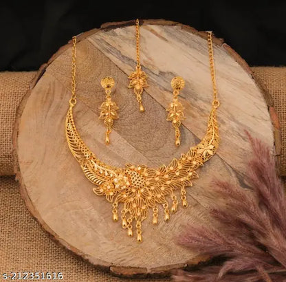 Gold jewelry set for women featuring earrings, necklace, and bracelet in a stylish design, by brand 19670.