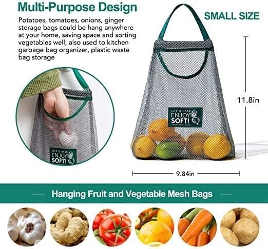 Set of reusable mesh bags for fruits, part of kitchen tool sets, designed for eco-friendly food storage and shopping.