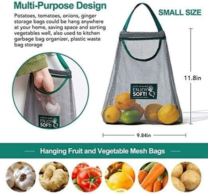 Set of reusable mesh bags for fruits, part of kitchen tool sets, designed for eco-friendly food storage and shopping.