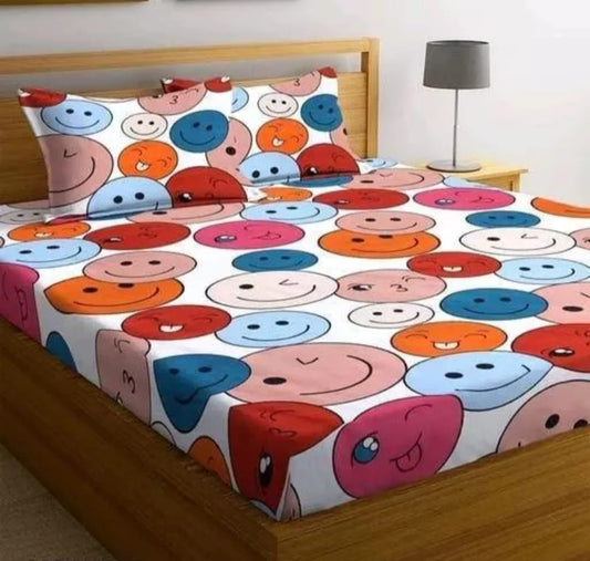 Super Soft Glace Cotton All Round Elastic Fitted Double Bed Bedsheet with 2 Pillow Covers-72x78x8