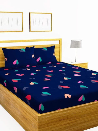 Super Soft Glace Cotton All Round Elastic Fitted Double Bed Bedsheet with 2 Pillow Covers-72x78x8