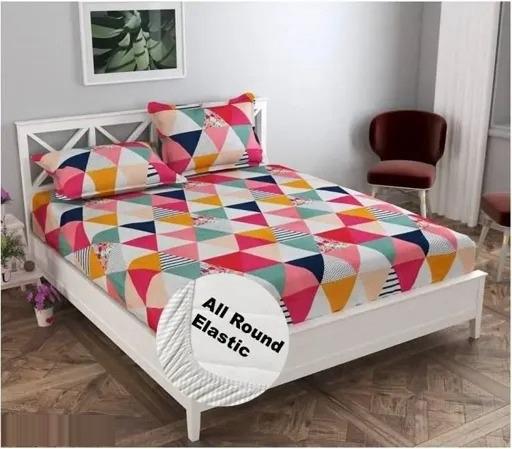 Super Soft Glace Cotton All Round Elastic Fitted Double Bed Bedsheet with 2 Pillow Covers-72x78x8