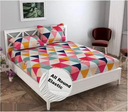 Super Soft Glace Cotton All Round Elastic Fitted Double Bed Bedsheet with 2 Pillow Covers-72x78x8