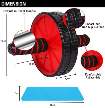 Red and black ab wheel roller for men and women, used for core workouts and abdominal exercises at home or gym.