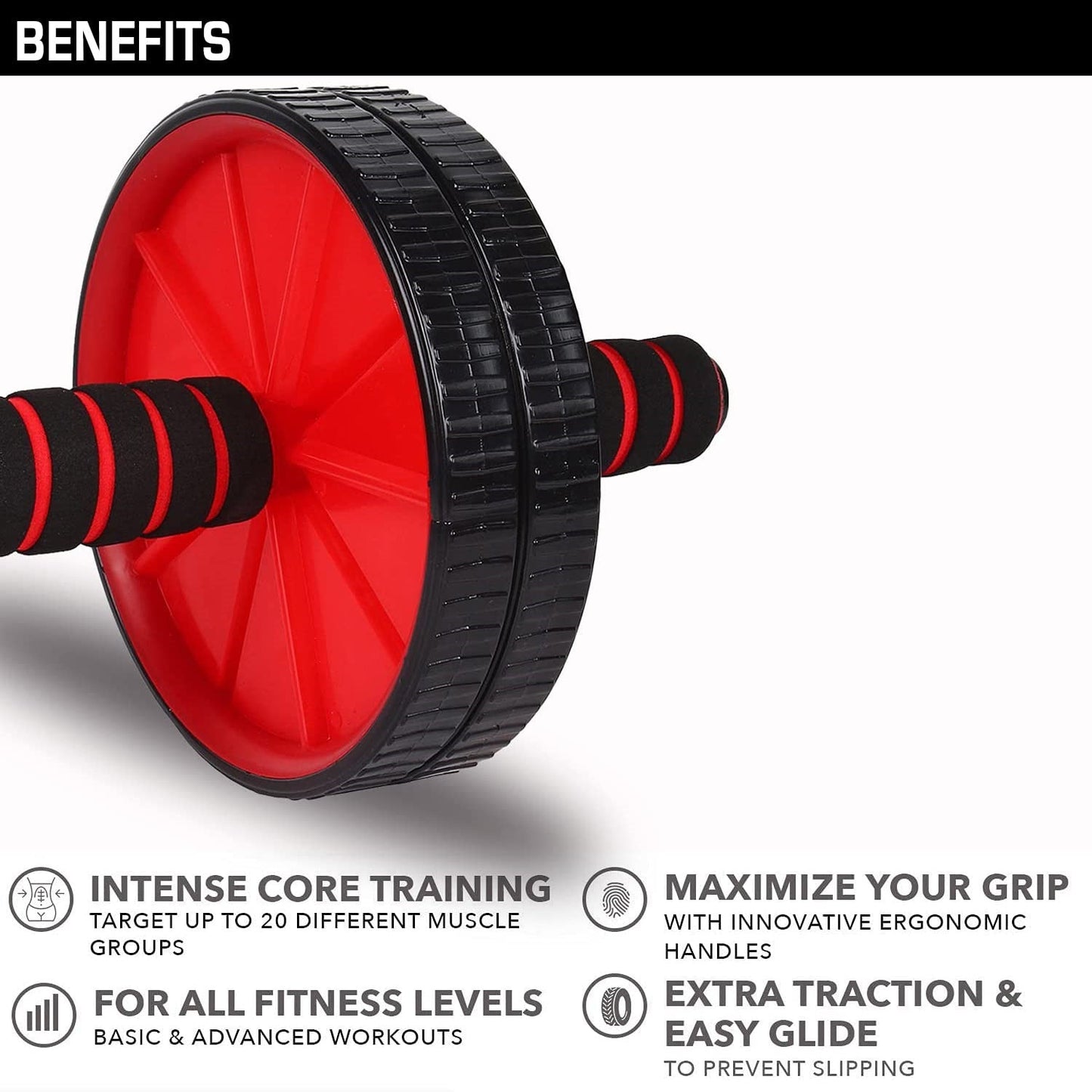 Red and black 19226 ab wheel roller for men and women, includes knee mat, ideal for abdominal and core workouts at home or gym.