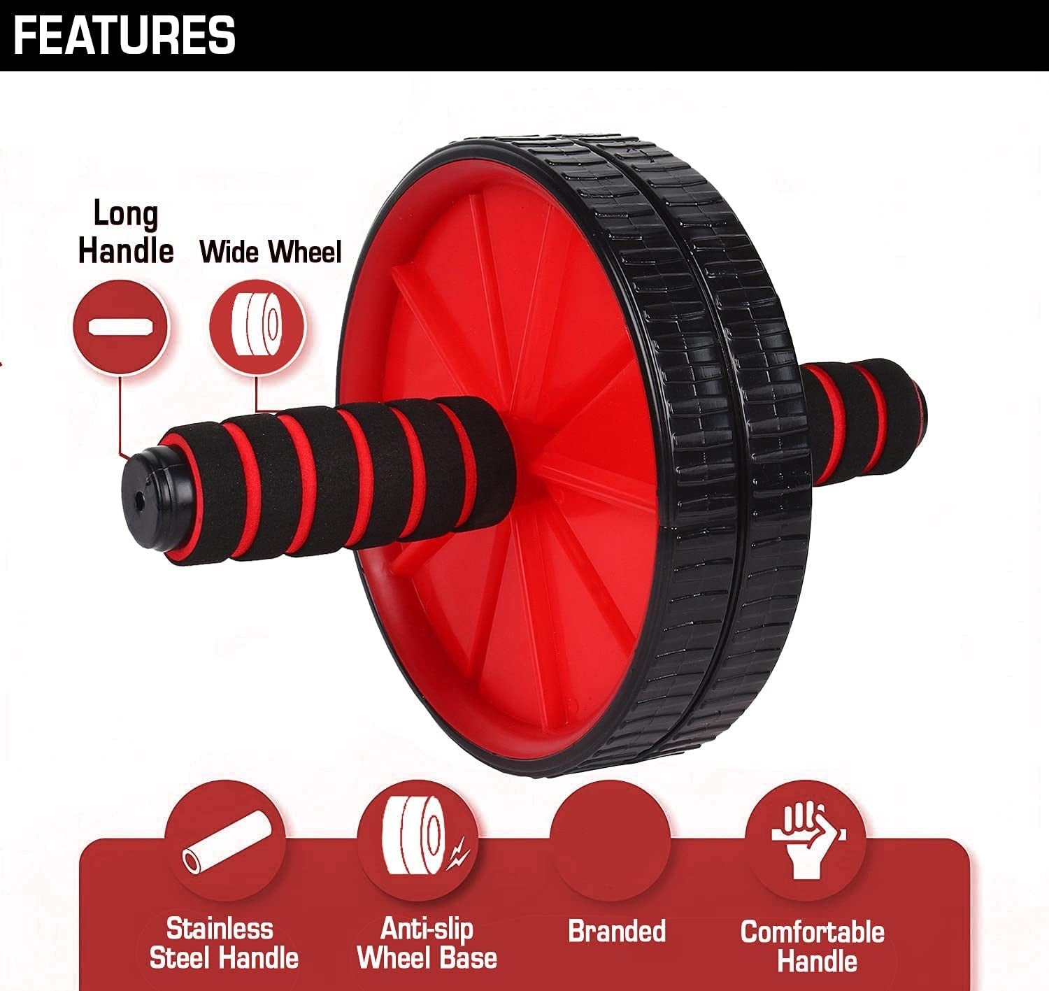 Red and black ab wheel roller for men and women, compact home workout equipment for stomach abs and core strengthening.