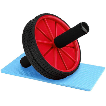 Red and black 19226 ab wheel roller for men and women, used for abdominal workouts and home gym exercises with included knee mat.