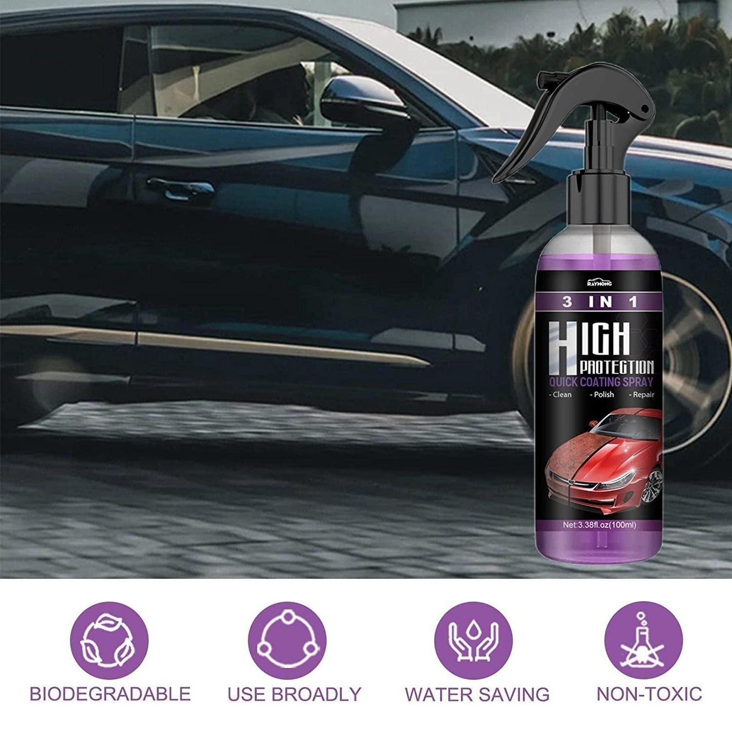 Hydrophobic nano coating spray for cars, motorcycles, and boats, shown in a pack of two bottles with spray nozzles.