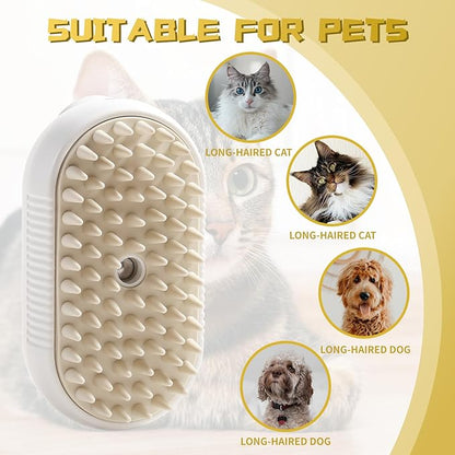White 3-in-1 steam brush with steamer from 15929, suitable for grooming cats, dogs, and all pets, showing the brush head.
