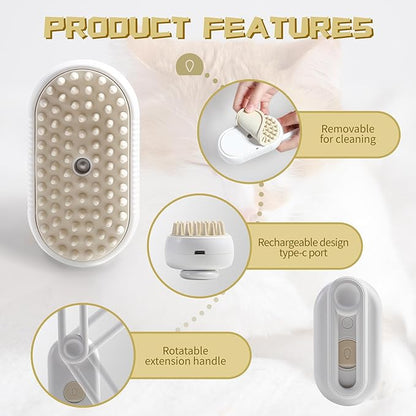 White 3-in-1 steam brush with built-in steamer for pets, ideal for grooming cats, dogs, and all furry animals.