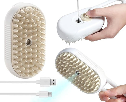 White 3-in-1 steam brush with steamer for pets, suitable for cats and dogs, showing the brush and steaming feature.